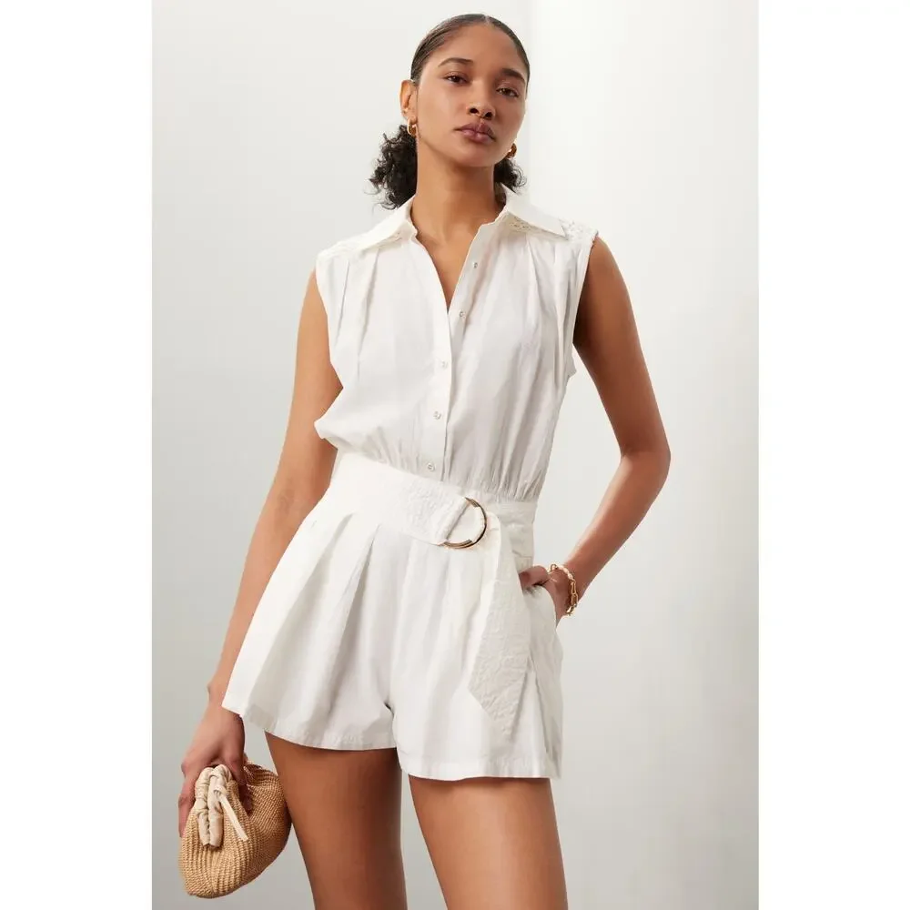 RAMY BROOK White 100% Cotton Collared Sleeveless Nyomi Romper Size XS